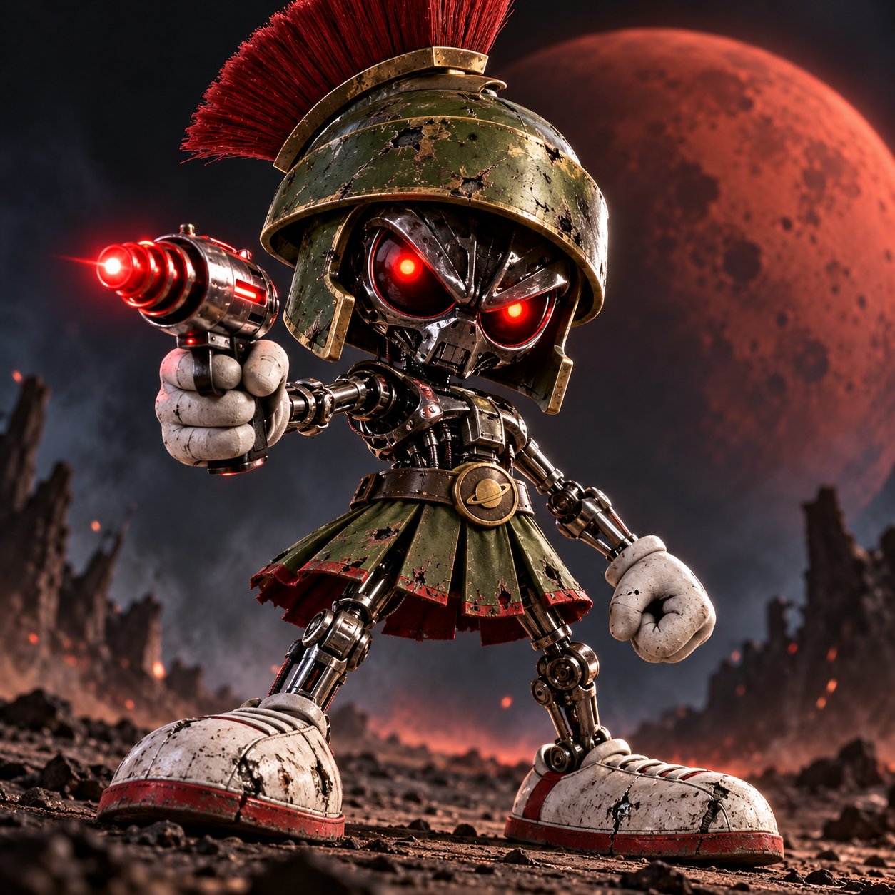 Marvin, a robot in a Roman helmet on Mars